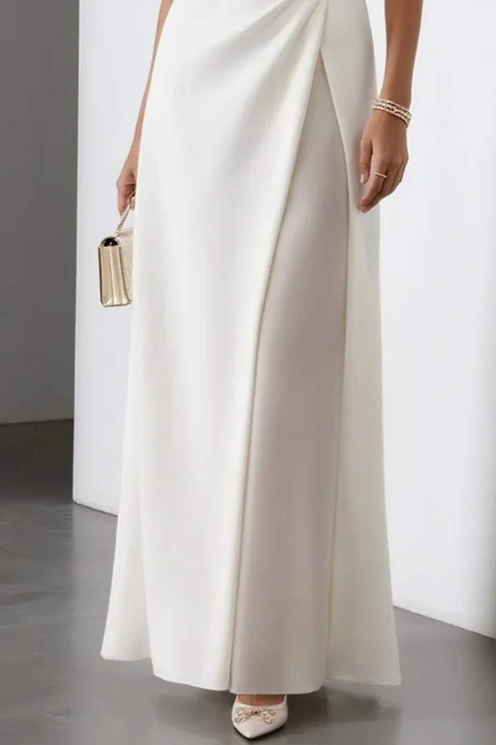 Formal women's maxi dress with a flattering draped waist and high side slit, ideal for elegant evening wear and parties.