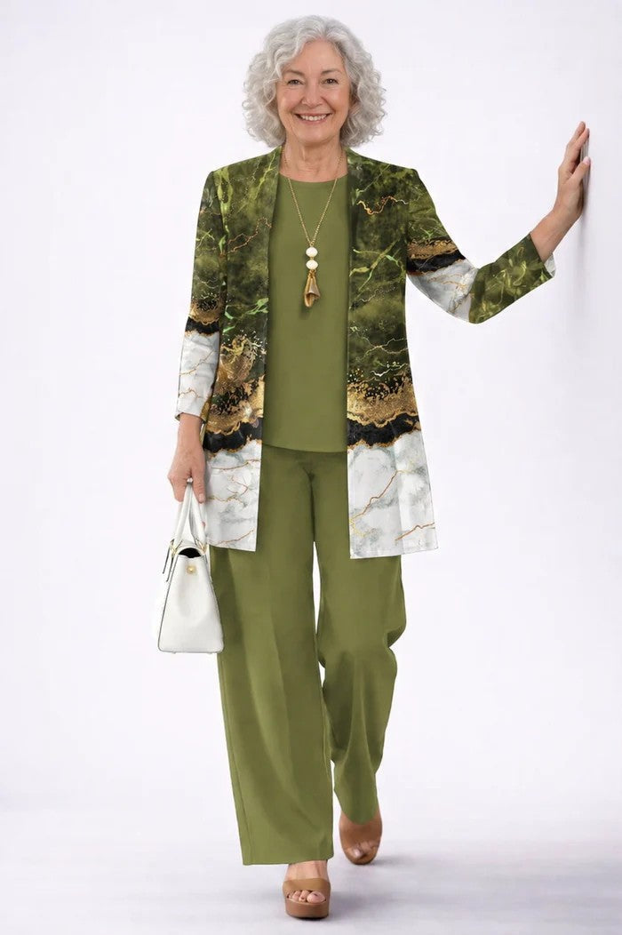 Coordinated women's fashion 3-piece set: blazer, top, and relaxed trousers for versatile styling.
