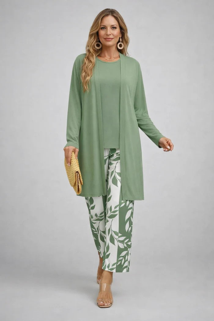 Chic women's smart casual 3-piece set featuring a tailored blazer, top, and comfortable trousers.
