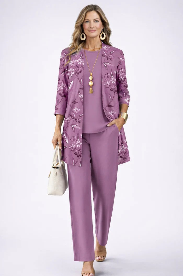 Versatile women's blazer, top, and relaxed trousers ensemble. Great for elegant and professional looks.