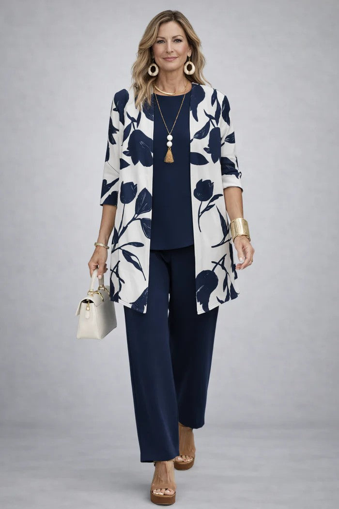 Close-up of the elegant women's blazer from the 3-piece set, highlighting tailoring and fabric.