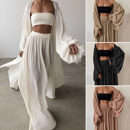 Elegant women's 3-piece summer outfit set: chic blazer, comfortable trousers & stylish top. Perfect for versatile wear.