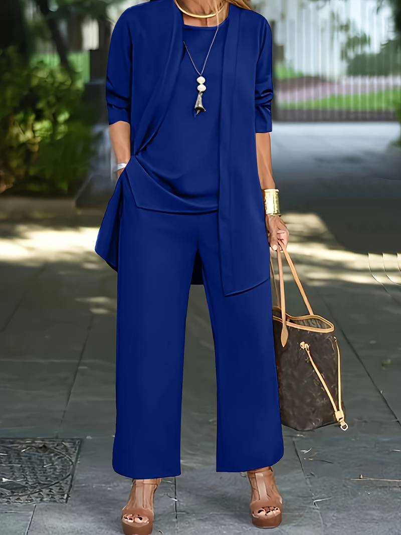 Fashionable women's 3-piece set: wide-leg trousers, camisole, and matching cardigan. Ideal summer ensemble.