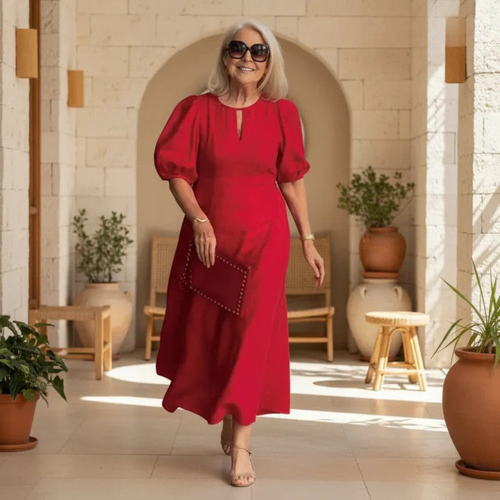 Elegant women's A-line midi dress with puff sleeves & keyhole neckline, perfect for wedding guests & formal events.