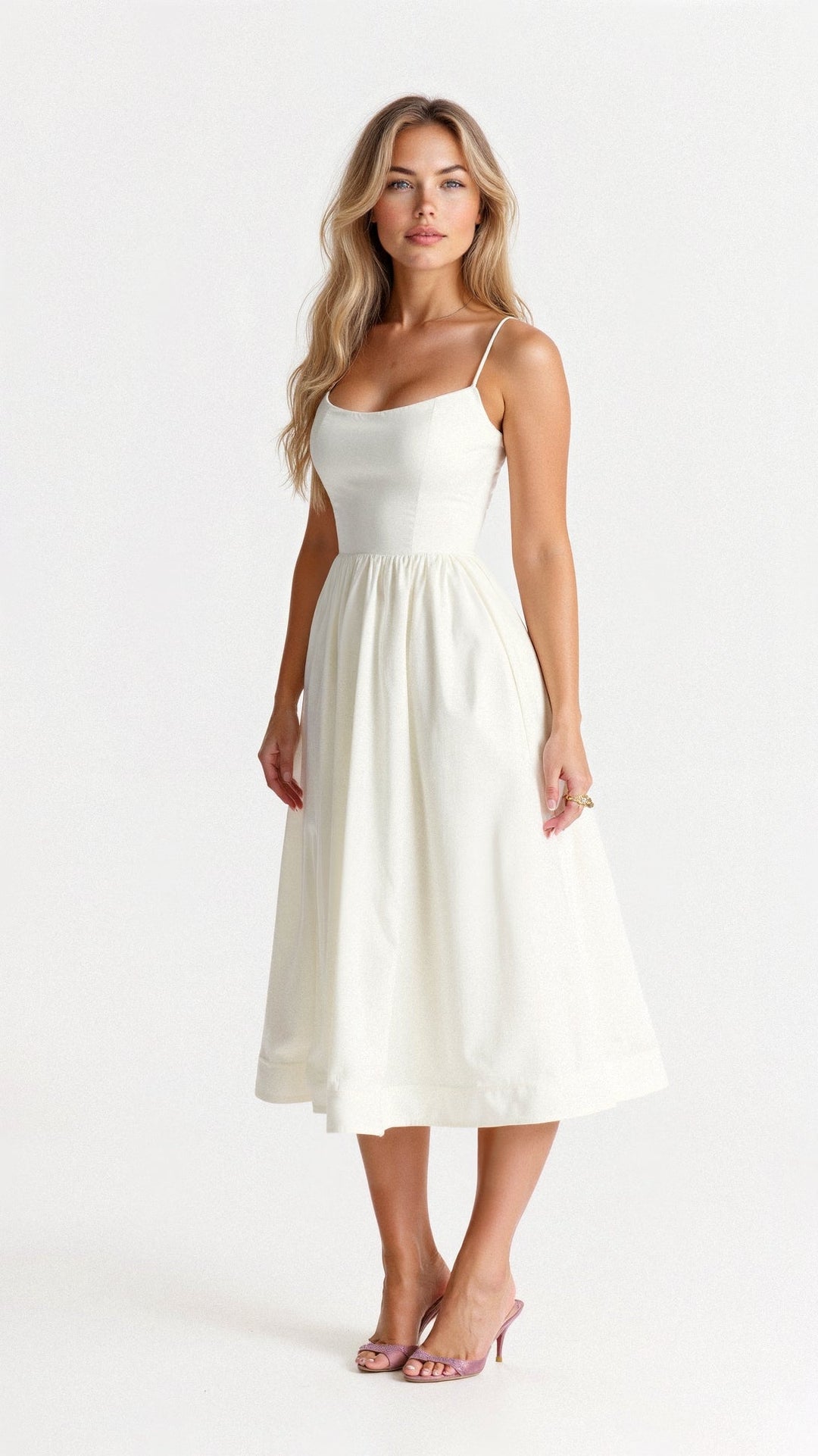 Elegant women's A-line midi dress with spaghetti straps, perfect for summer occasions.