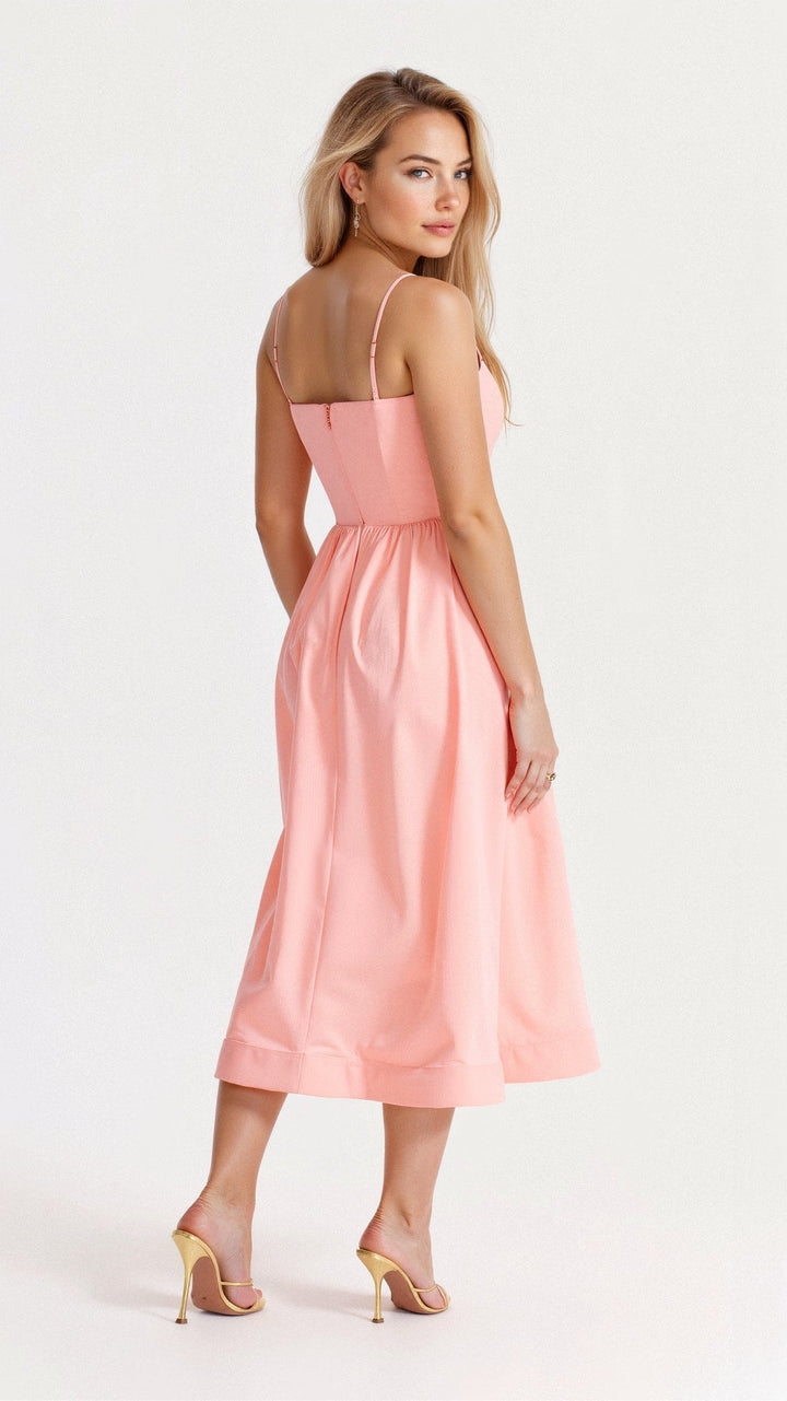 Chic women's A-line midi dress, perfect for elegant summer events & garden parties.