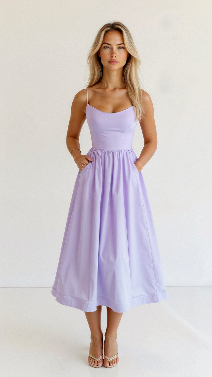 Elegant women's A-line midi dress, flattering design for special parties & events.