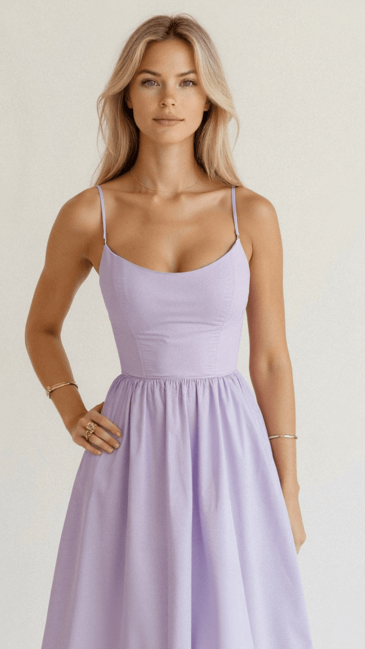 Summer-ready women's A-line midi sundress with spaghetti straps, chic & comfortable.