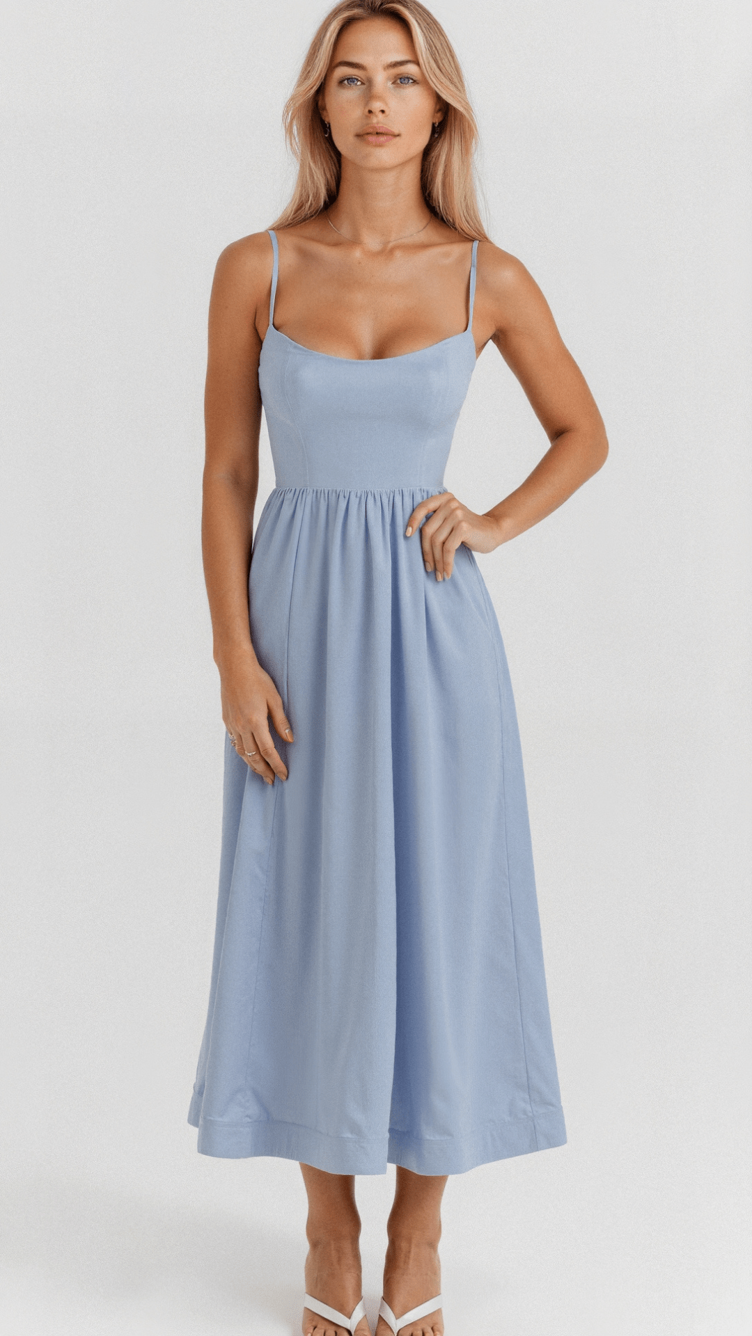 Flattering women's spaghetti strap A-line midi dress, ideal for elegant occasions.