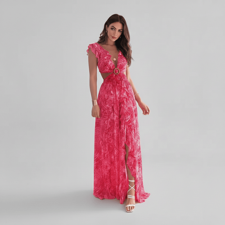 Long women's abstract print maxi dress featuring trendy cut-outs & elegant ruffle sleeves for any occasion.