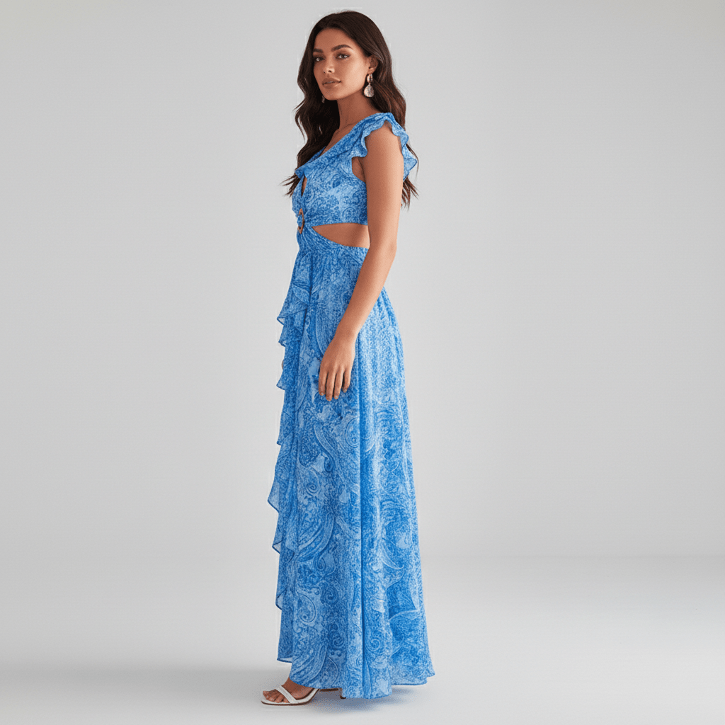 Elegant women's summer abstract print maxi dress, featuring ruffle sleeves, V-neck, and stylish cut-outs.