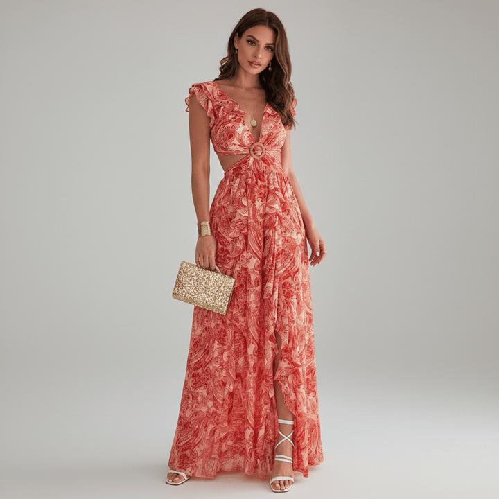 Vibrant abstract print cut-out maxi dress for women, with playful ruffle sleeves, perfect as a party dress.