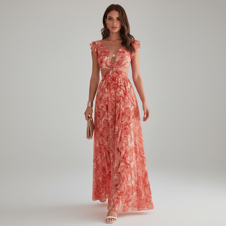 Wedding guest women's abstract print maxi dress, featuring elegant ruffle sleeves and a chic cut-out detail.