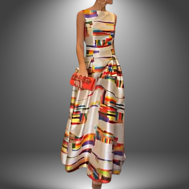 Elegant Women's Abstract Print Sleeveless A-Line Maxi Dress, perfect for parties or special occasions.