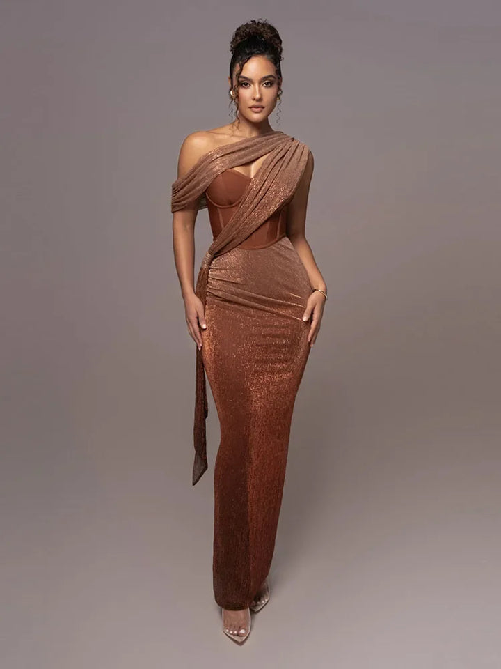 Elegant women's Agatha Luxe one-shoulder maxi dress, perfect for formal events & evening parties. Sculpted silhouette.