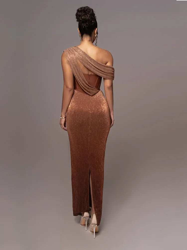 Stunning Agatha Luxe one-shoulder statement maxi dress for women. Ideal elegant evening gown or formal party wear.