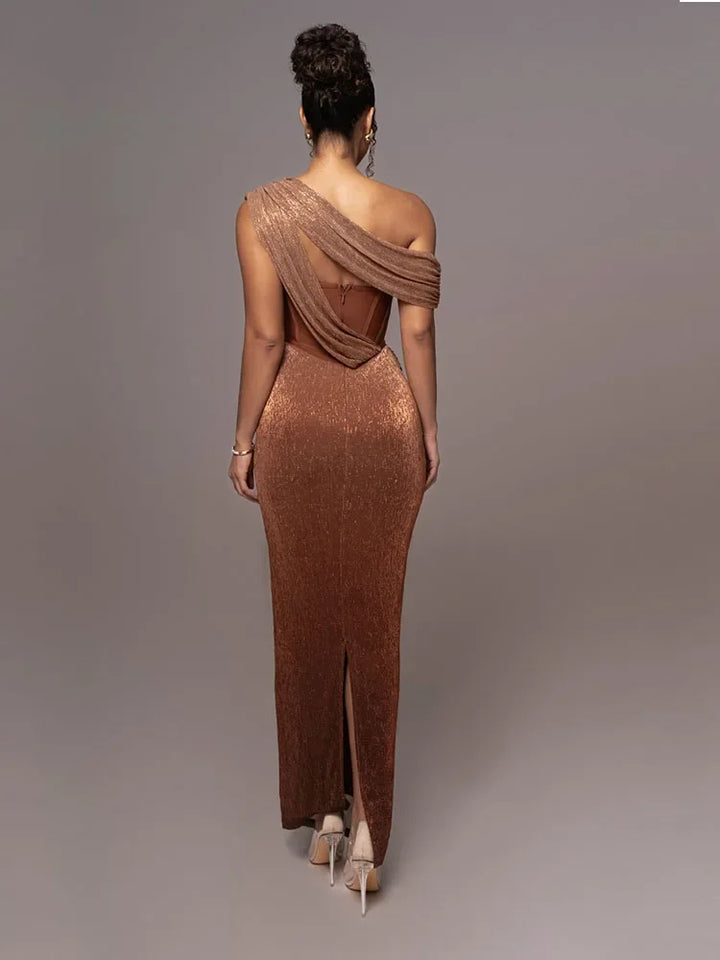 Stunning Agatha Luxe one-shoulder statement maxi dress for women. Ideal elegant evening gown or formal party wear.