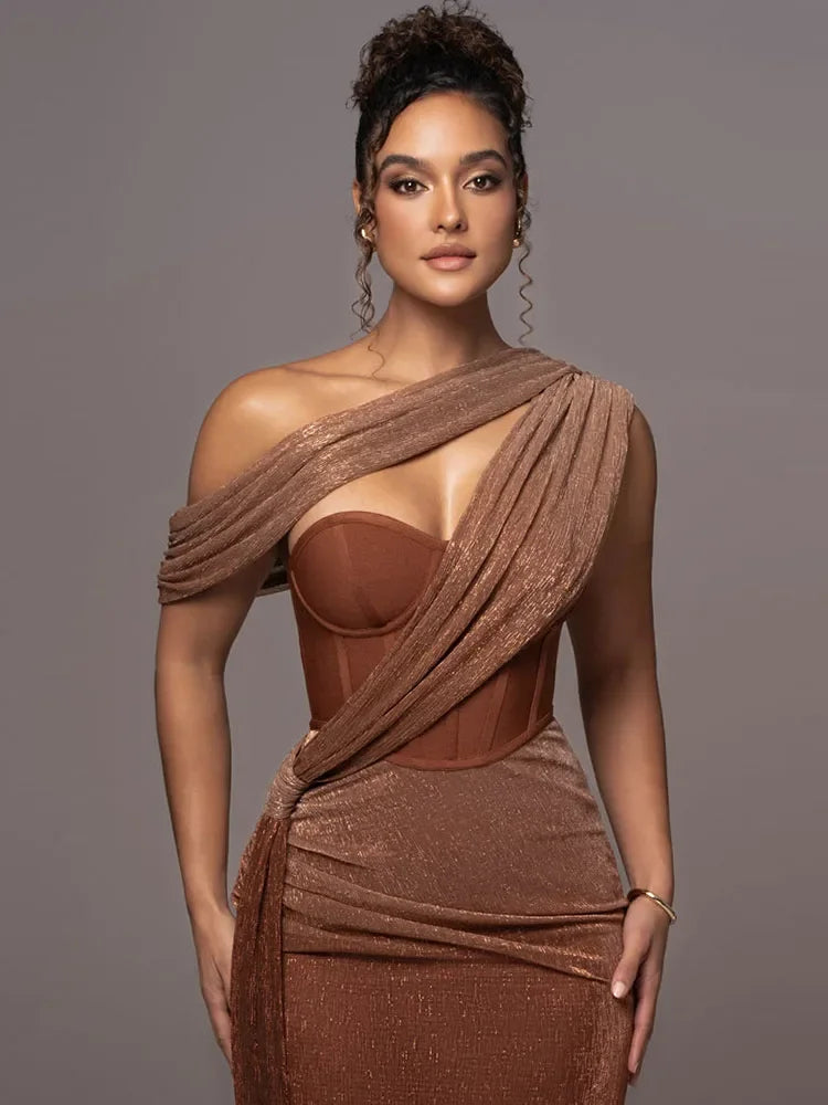 Women's Agatha Luxe one-shoulder long maxi dress. Features a sculpted silhouette, ideal for special occasion formal wear.