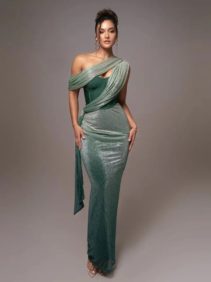 Luxurious women's Agatha Luxe one-shoulder elegant maxi dress. Perfect formal party dress for special occasions.