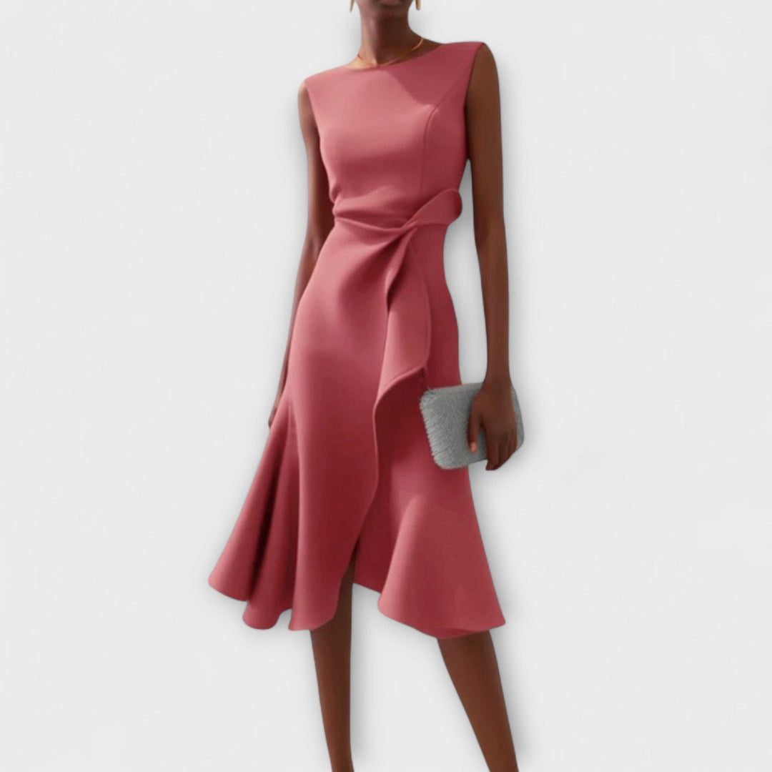 Sleeveless asymmetric midi dress, an elegant women's party dress. Perfect for formal events & evening wear.