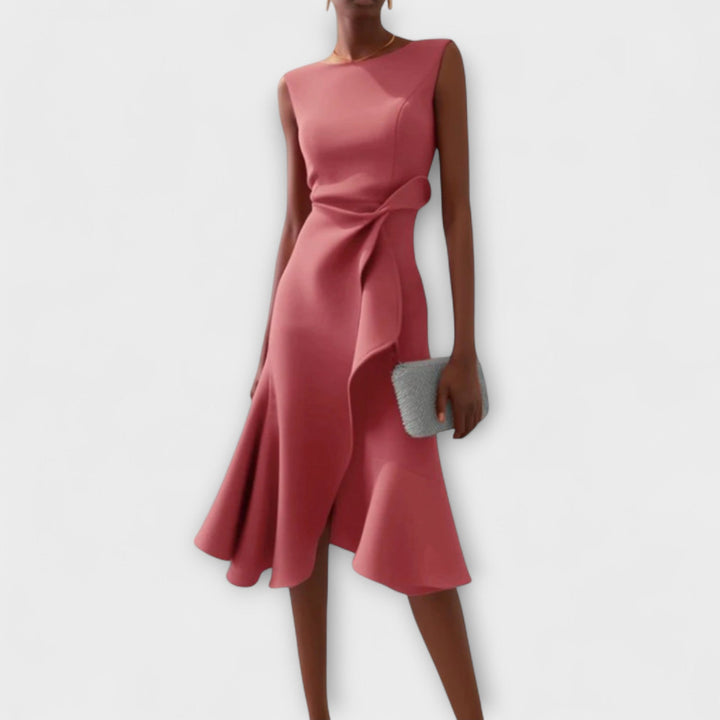 Sleeveless asymmetric midi dress, an elegant women's party dress. Perfect for formal events & evening wear.