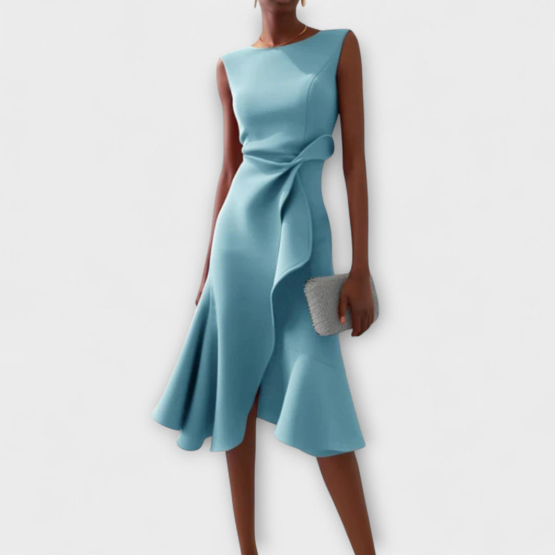 Modern women's asymmetric midi dress, a versatile elegant dress for parties, formal or special occasions.