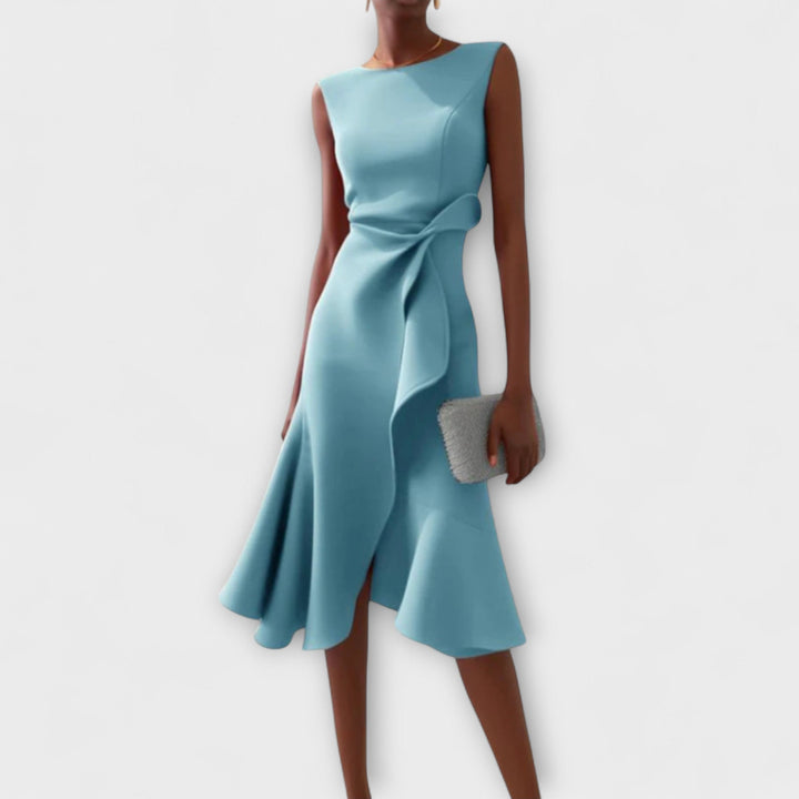 Modern women's asymmetric midi dress, a versatile elegant dress for parties, formal or special occasions.