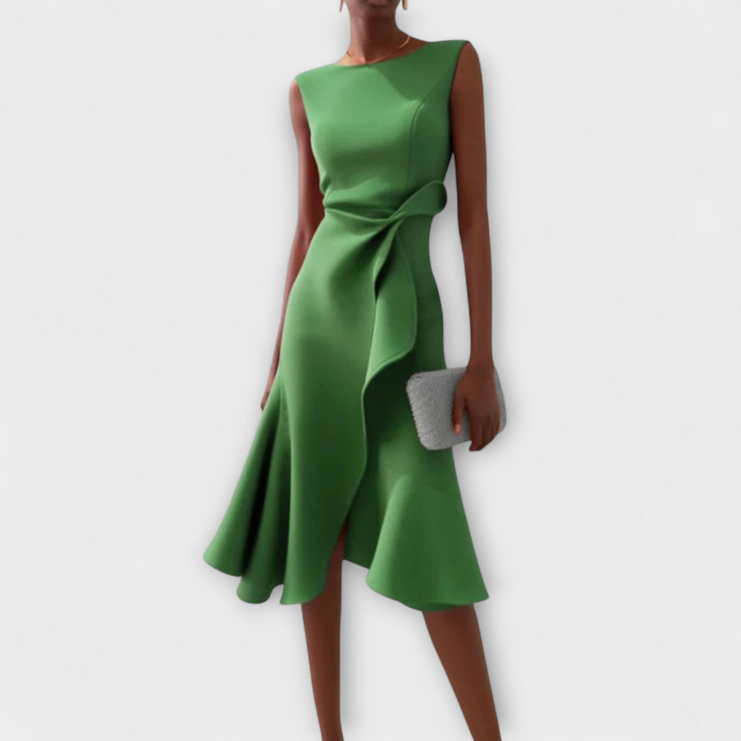 Stunning asymmetric midi dress, a versatile and elegant women's party dress. Ideal for formal & evening events.