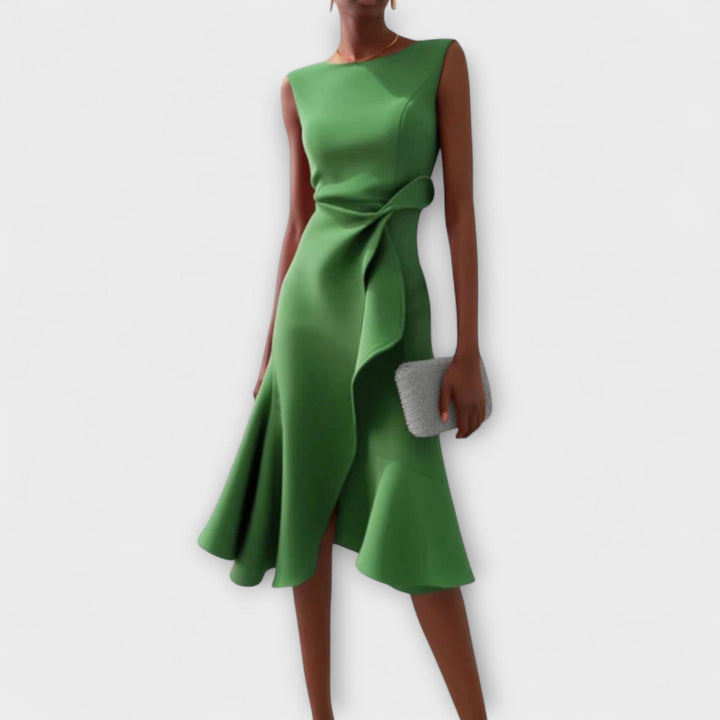 Stunning asymmetric midi dress, a versatile and elegant women's party dress. Ideal for formal & evening events.