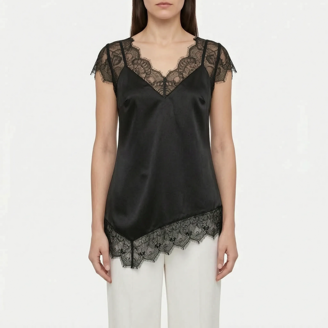 Sleeveless asymmetrical women's blouse with elegant sheer details. Ideal relaxed fit top for summer or a dressy event.