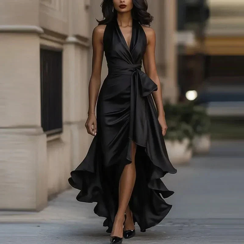 Formal women's long party dress with a stylish off-shoulder neckline & unique asymmetrical hem.