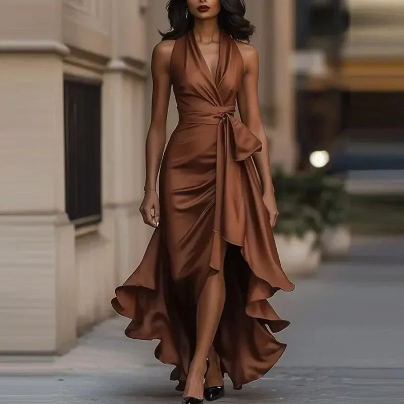 Women's elegant off-shoulder long dress with an asymmetrical hem, perfect for evening or special events.