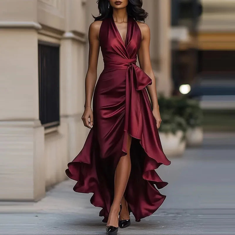 Beautiful women's formal pleated maxi dress, off-shoulder cut & asymmetrical hem for sophisticated style.