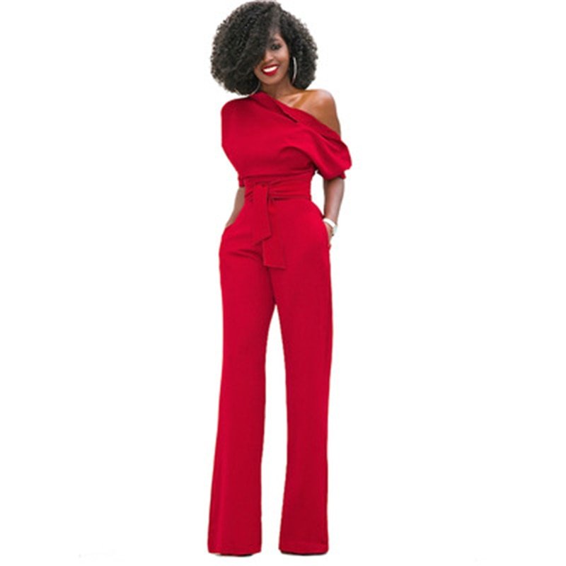 Elegant women's asymmetrical one-shoulder wide-leg jumpsuit. Perfect for parties, formal or chic casual wear.