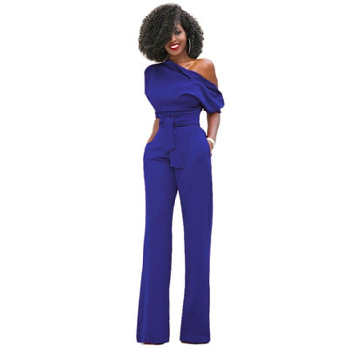 Chic women's one-shoulder wide-leg jumpsuit. A versatile statement piece for elegant party or formal occasions.