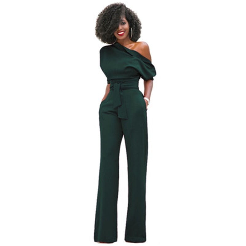 Fashionable women's one-shoulder wide-leg jumpsuit. Elegant asymmetrical design for a sophisticated party outfit.