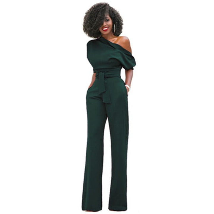 Fashionable women's one-shoulder wide-leg jumpsuit. Elegant asymmetrical design for a sophisticated party outfit.