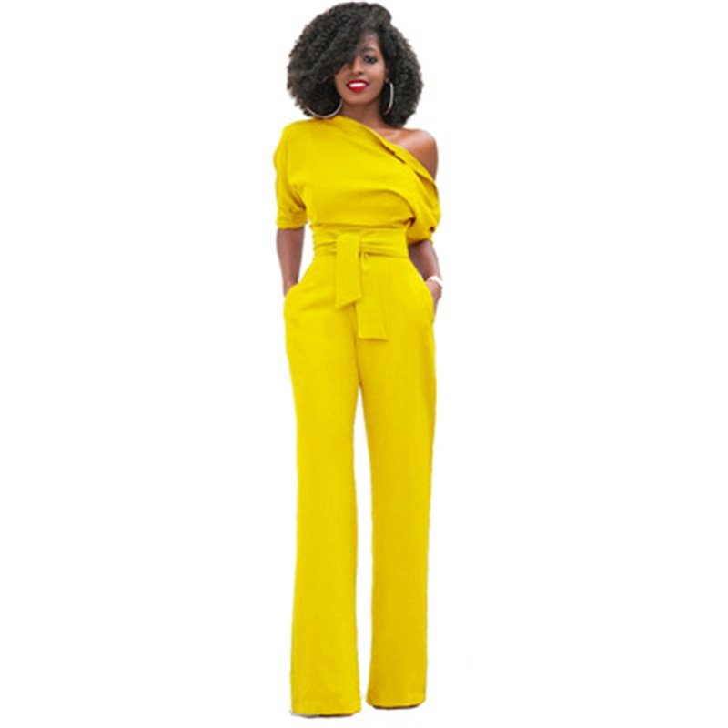 Stylish women's wide-leg jumpsuit with an asymmetrical one-shoulder cut. Ideal for elegant formal events.