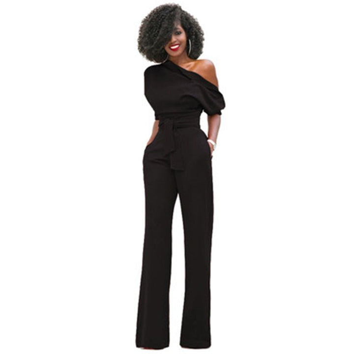 Sophisticated women's elegant one-shoulder wide-leg jumpsuit. Versatile for formal wear, parties & chic style.
