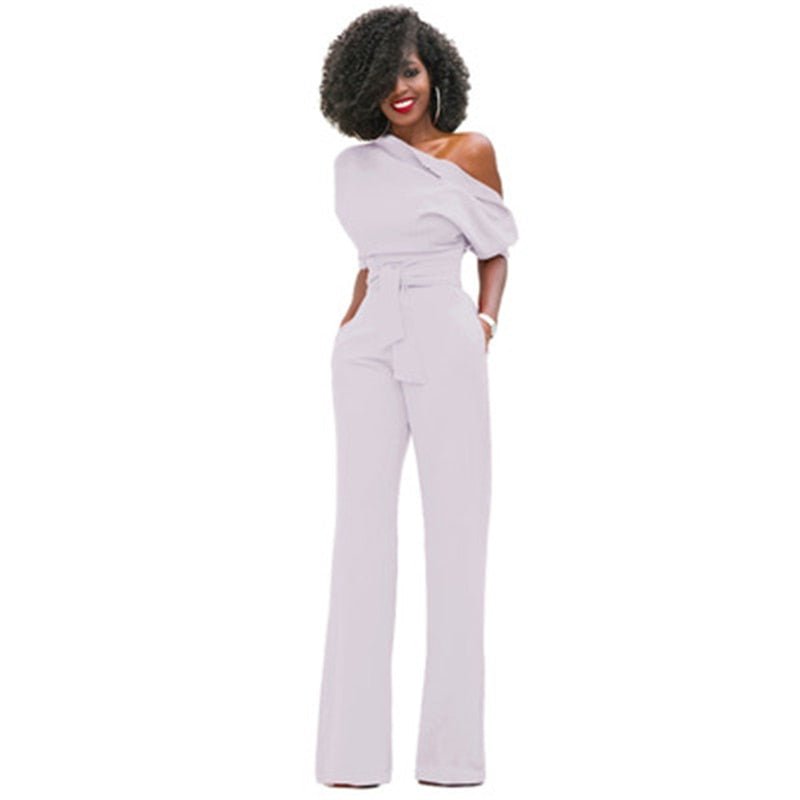 Women's elegant one-shoulder wide-leg jumpsuit. Asymmetrical design, perfect for a chic party or formal outfit.