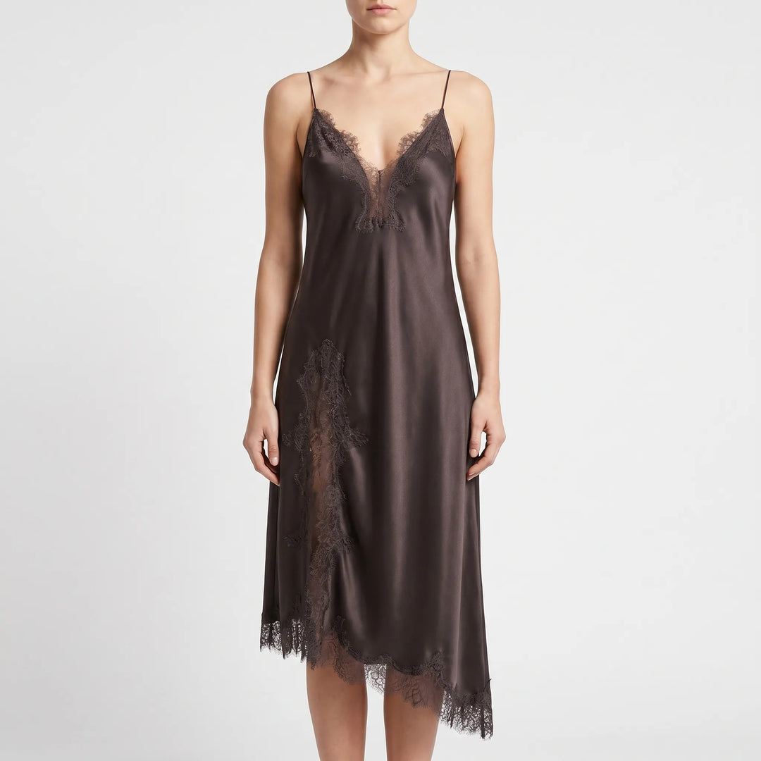 Chic women's asymmetrical midi slip dress, perfect for evening parties. Features a V-neck, backless design & spaghetti straps.