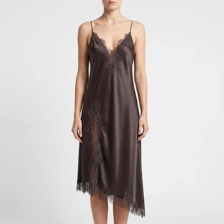 Chic women's asymmetrical midi slip dress, perfect for evening parties. Features a V-neck, backless design & spaghetti straps.