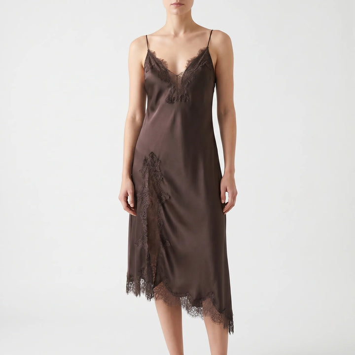 Stylish asymmetrical midi slip dress for women. Sleeveless V-neck design with delicate lace trim, perfect for chic evenings.
