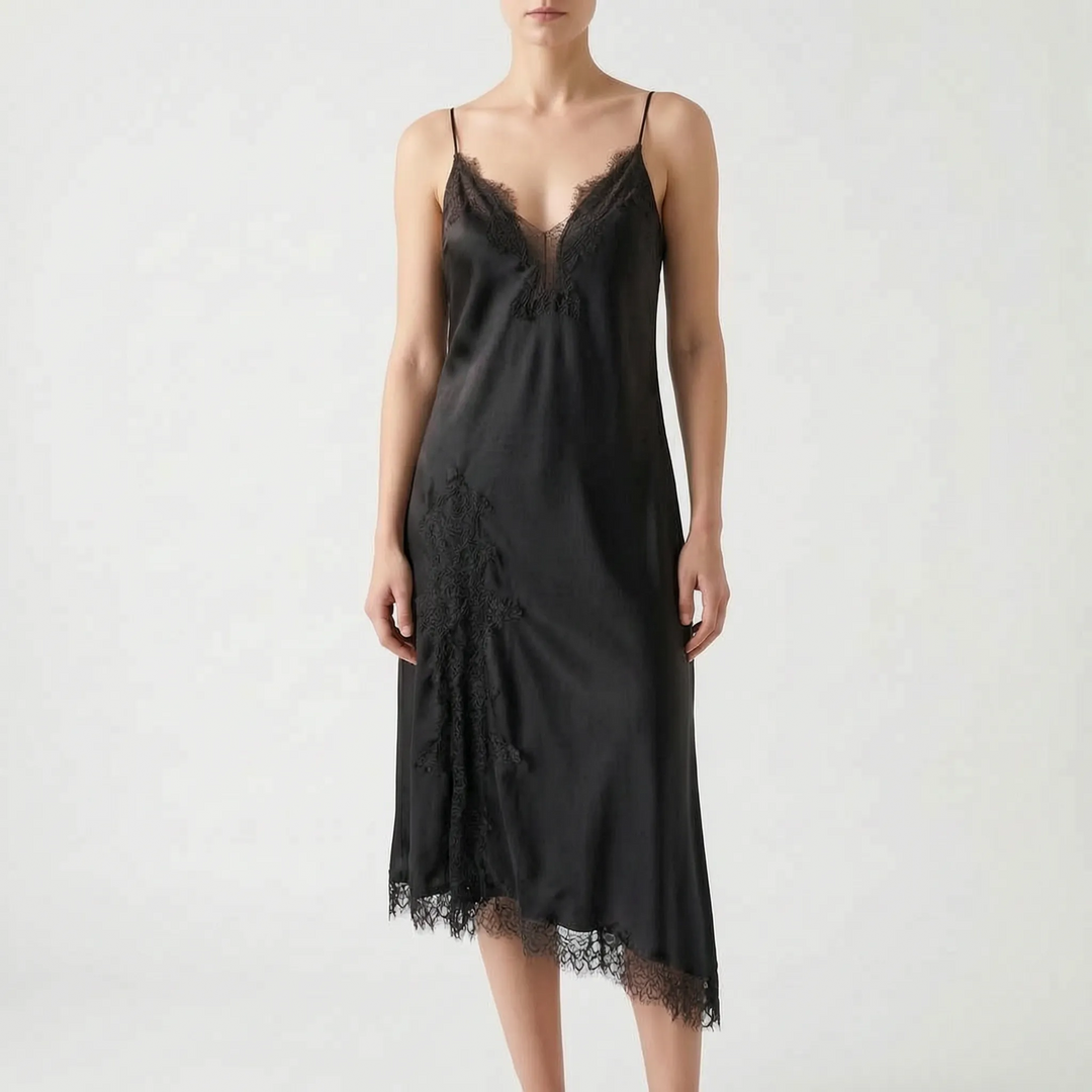 Sophisticated women's asymmetrical V-neck slip dress with lace trim, spaghetti straps & backless detail for elegant evenings.