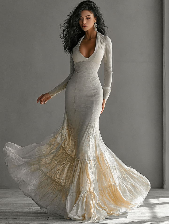 Elegant women's beige maxi dress with deep V-neck, long sleeves, and sophisticated mermaid ruffle hem. Perfect for formal events.