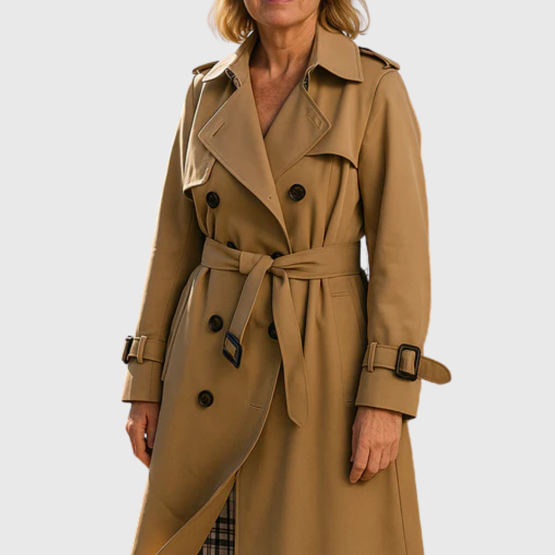 Elegant women's belted double-breasted trench coat. Water-resistant outerwear for fall & spring fashion.