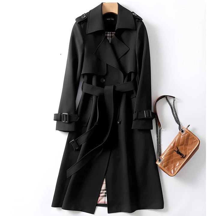 Essential women's spring jacket: a water-resistant double-breasted trench coat with a stylish belt detail.