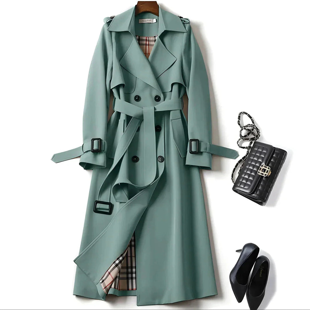 Chic women's belted double-breasted water-resistant trench coat, a timeless piece of outerwear.