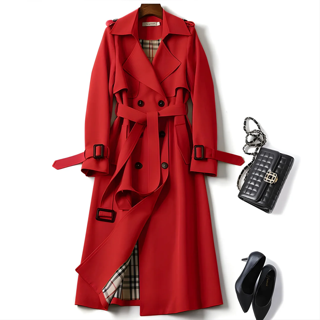 Classic & practical women's outerwear: belted double-breasted trench coat, designed to be water-resistant.