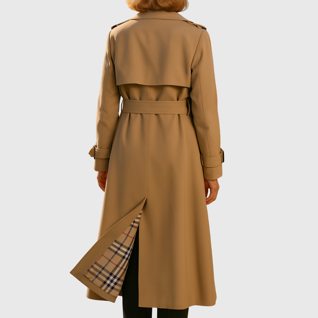 Classic women's water-resistant trench coat with a stylish double-breasted design & adjustable belt.